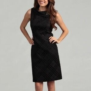 TAHARI Size 10P Black On Black Plaid Jacquard Envelope Collar Sheath Dress